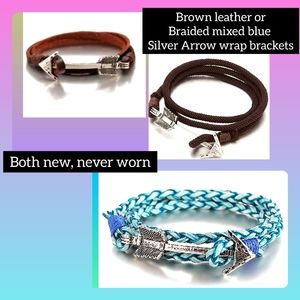 5/$25 Brown Leather or blue braided wrap w silver arrow bracelet, adjustable